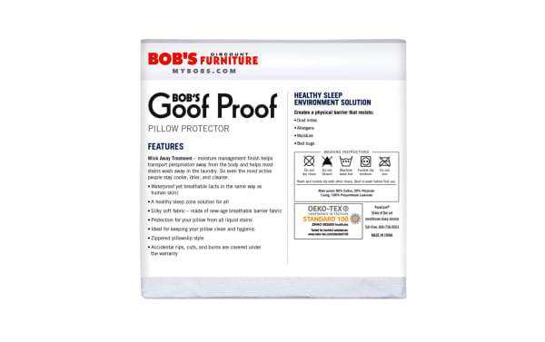 Bob's Goof Proof Queen Pillow Protector in white nylon with zippered slip style, waterproof, breathable, antimicrobial cotton terry surface, dust mite and stain barrier, six-sided protection for hygienic pillow care.
