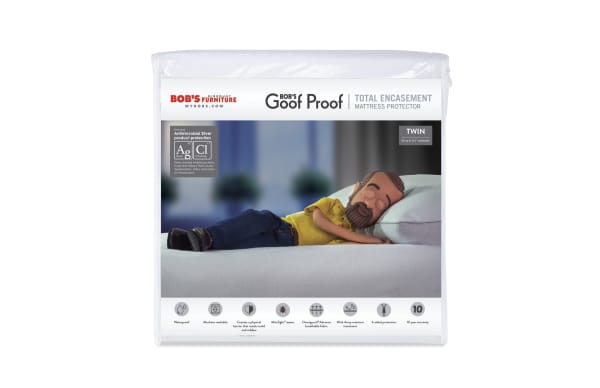 Bob's Goof Proof Total Encasement Twin Mattress Protector in white nylon with waterproof, breathable Omniguard® fabric, six-sided zipper, and antimicrobial silver protection.