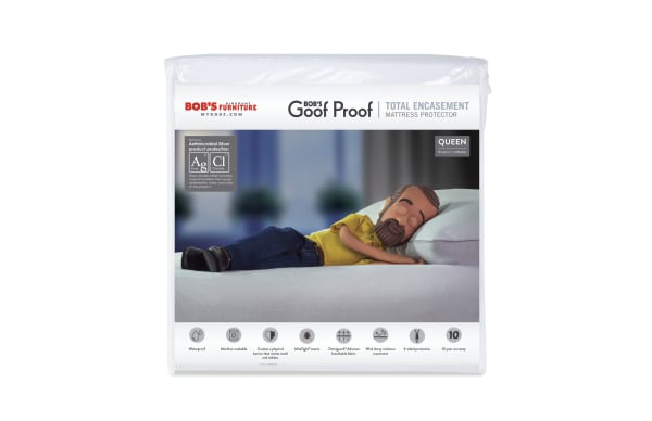 Total Encasement Queen Mattress Protector by Bob’s Discount Furniture, nylon, waterproof white cover with zipper, antimicrobial silver, mold, mildew, bed bug, dust mite protection, breathable Omniguard® fabric, six-sided encasement, wick away moisture treatment, machine washable, 10-year warranty.
