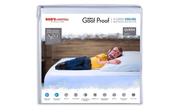 BOB'S Furniture 5-Sided Queen Cooling Mattress Protector in nylon, antimicrobial silver, machine washable, waterproof, wick-away moisture control, elasticized edges, breathable fabric, protects against stains, dust mites, and allergens.
