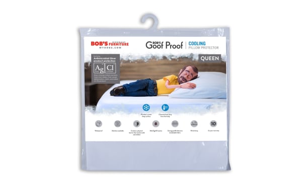 Queen Cooling Pillow Protector by Bob’s Discount Furniture, nylon fabric with antimicrobial silver, waterproof, breathable, wick-away moisture control, total encasement for dust mite and allergen protection, machine washable, 10-year warranty.