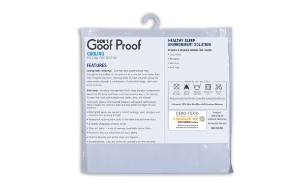 Queen Cooling Pillow Protector by Bob’s Goof Proof, white nylon with cooling fiber technology, wick-away moisture management, and six-sided allergen, dust mite, and bed bug barrier for a cooler, cleaner sleep environment.