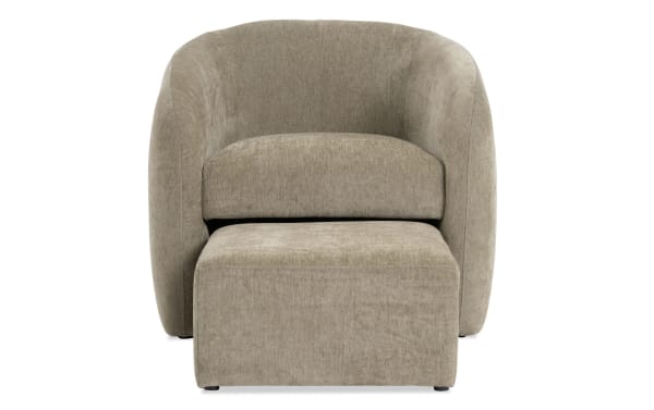 Transitional Gemma Olive Accent Chair and Ottoman set in olive polyester fabric with plush Bob-O-Pedic memory foam upholstery, featuring a cozy bucket design.