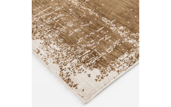 Tawny 5' x 7' brown abstract rug with a transitional design, made of soft polyester fabric and Bob-O-Pedic Memory Foam for cushioned comfort.