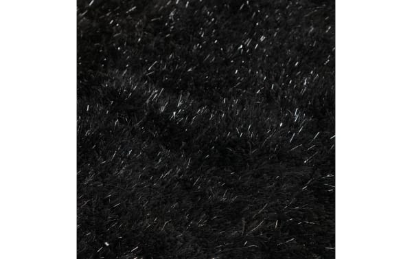 Black Glitz 8'x10' shag rug with sparkling metallic fibers, plush polyester fabric, transitional style, and memory foam cushioning for comfort.