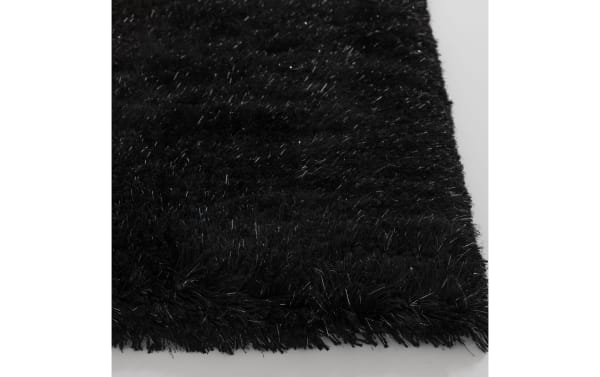 Black Glitz 8'x10' shag rug with plush polyester fabric and subtle metallic fibers, featuring Bob-O-Pedic Memory Foam for transitional style and comfort.