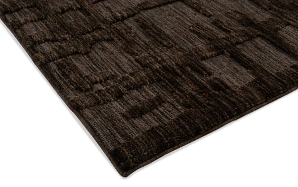 Felix 5' x 7' brown abstract rug with transitional style, soft polyester fabric, and plush Bob-O-Pedic memory foam for comfort.