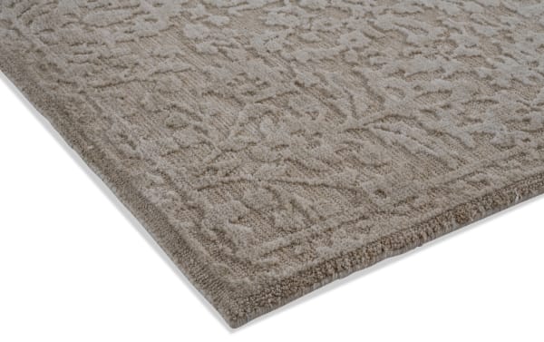 Taupe Alice 5' x 7' transitional area rug with abstract pattern, plush polyester fabric and Bob-O-Pedic Memory Foam for soft, cloud-like comfort.