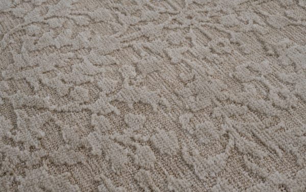 Taupe Alice 5' x 7' transitional area rug with abstract textured pattern in beige polyester fabric, featuring plush Bob-O-Pedic Memory Foam cushioning.