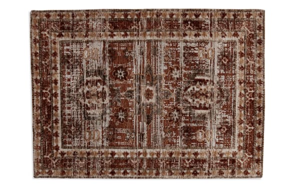Hazel 5' x 7' russet abstract transitional rug with orange tones, polyester fabric, featuring a distressed vintage pattern and plush memory foam backing for comfort.