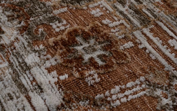 Transitional Hazel 8' x 10' Russet Abstract Rug with plush polyester fabric and detailed rust-orange and beige geometric patterns, featuring Bob-O-Pedic Memory Foam for comfort.