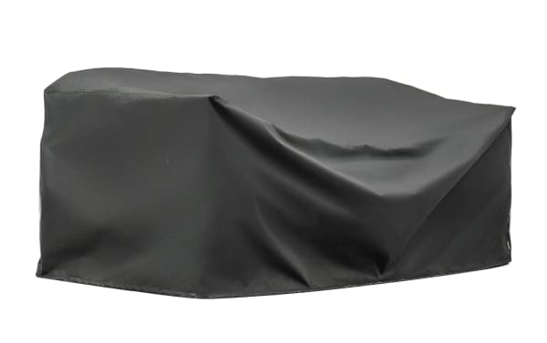 Gray Melrose outdoor sofa cover made of durable polyester and acrylic fabric, water, UV, weather, mold, and mildew resistant for all-season protection.