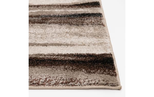 Mocha Tones 8' x 10' brown striped transitional rug in heat set polypropylene with fabric polyester texture, featuring varied mocha and brown horizontal stripes.
