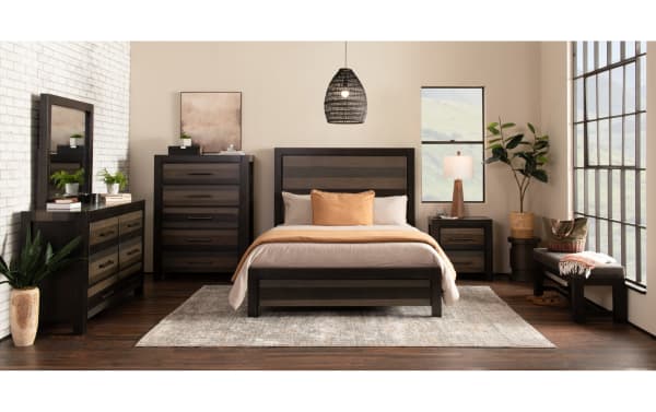 Rustic Tahoe Bedroom set featuring Tahoe Gray 6 Drawer Dresser in solid pine with cedar-lined bottom drawers and felt-lined top drawers.