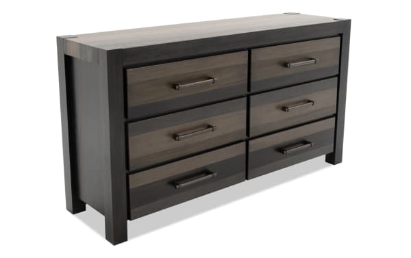 Tahoe Gray 6 Drawer Dresser in rustic solid pine with dark gray finish, cedar-lined bottom drawers, felt-lined top drawers, from Tahoe Bedroom collection.