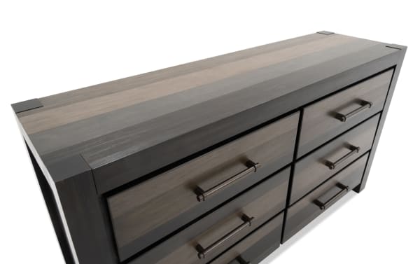 Rustic Tahoe Gray 6 Drawer Dresser in solid pine with mixed gray wood tones, metal handles, cedar-lined bottom drawers, and felt-lined top drawers.