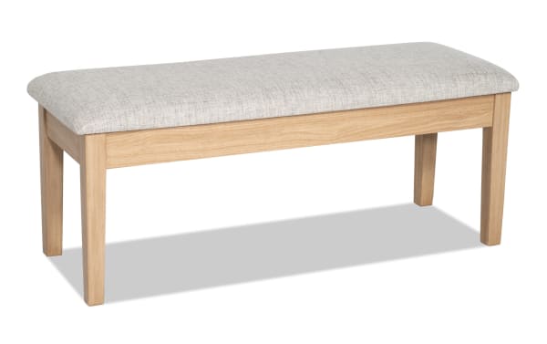 Homeworks Natural & Gray Upholstered Storage Dining Bench with gray polyester fabric seat, durable wood frame, and lift-top storage in transitional style.