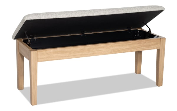 Homeworks Natural & Gray Upholstered Storage Dining Bench with gray polyester fabric seat, natural wood frame, and lift-top storage, transitional style.