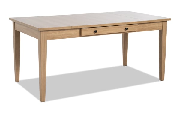 Homeworks Natural Lift-Top Storage Dining Table in natural wood finish, transitional style with rubberwood frame, melamine surface, and felt-lined drawers for versatile storage.