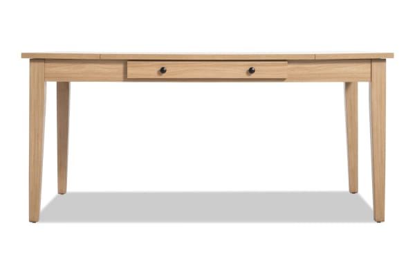 Homeworks Natural Lift-Top Storage Dining Table in natural wood finish, transitional style with rubberwood frame, melamine surface, and felt-lined drawers for versatile storage.