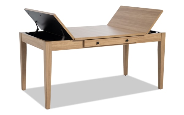 Homeworks Natural Lift-Top Storage Dining Table in natural wood finish with transitional style, dual lift-top compartments, felt-lined drawers, and durable melamine surface.
