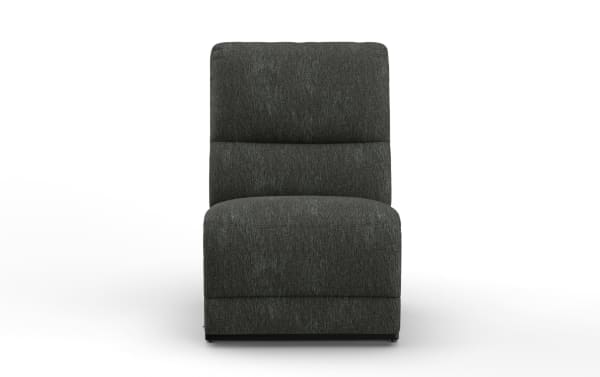 Dark gray upholstered armless accent chair with cushioned backrest and seat, modern minimalist design suitable for living rooms or offices.
