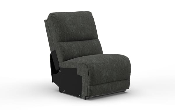 Dark gray fabric armless recliner chair with cushioned backrest and seat, featuring a modern, compact design for living room seating.