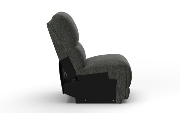 Dark gray fabric upholstered recliner chair with cushioned backrest and seat, shown in side profile on white background.