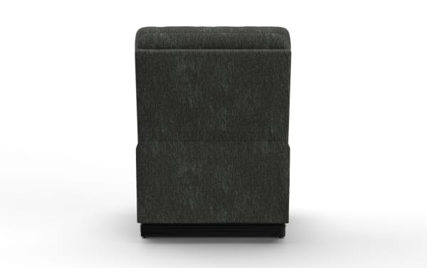 Dark gray upholstered swivel chair with a textured fabric finish and a black base, shown from the back.