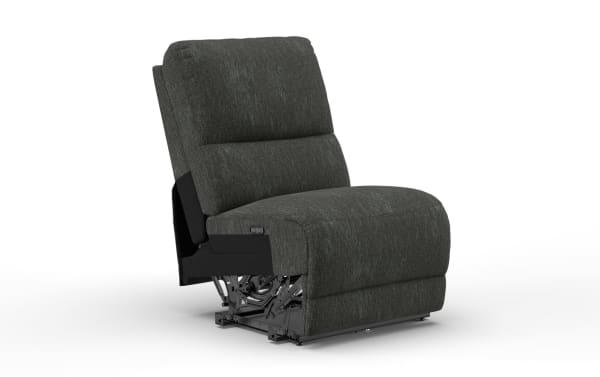 Dark gray fabric recliner chair with plush cushioning and visible metal reclining mechanism, designed for comfort and relaxation.