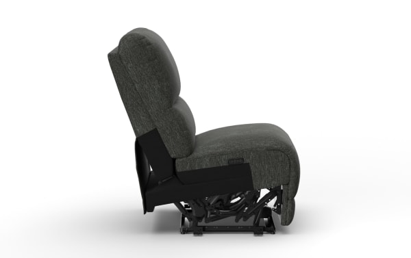 Dark gray fabric recliner chair with cushioned backrest and seat, showcasing metal reclining mechanism and adjustable footrest in side view.