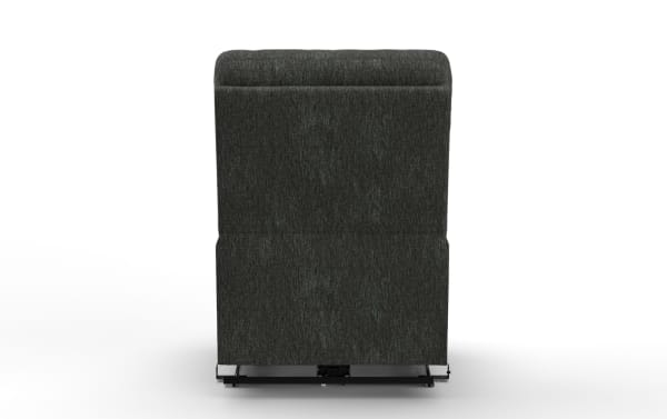Dark gray upholstered reclining chair shown from the back, featuring a soft fabric texture and metal reclining mechanism base.