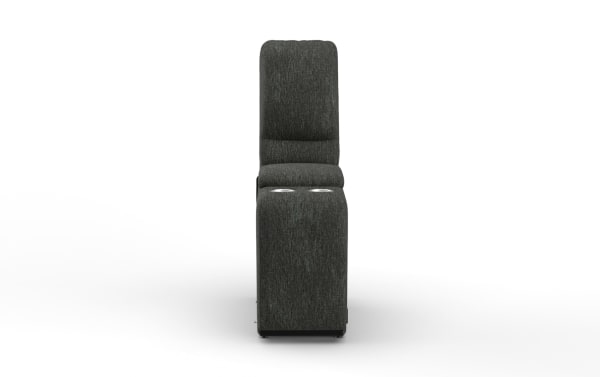 Dark gray fabric theater recliner chair with high backrest and built-in dual cup holders, designed for home entertainment comfort.