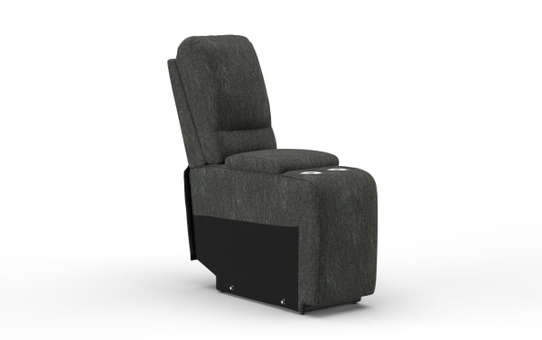 Dark gray fabric theater recliner chair with padded backrest, seat, and built-in dual cup holders, designed for home entertainment seating.
