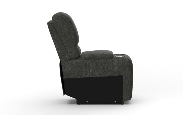 Dark gray fabric recliner chair with padded backrest, cushioned seat, and built-in cup holders, shown from side view.