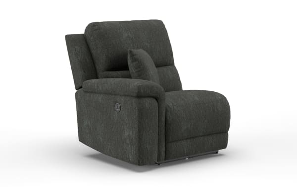 Dark gray fabric upholstered power recliner chair with padded armrests, cushioned backrest, and a side control button for reclining adjustment.