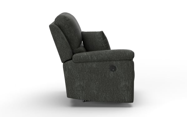 Dark gray fabric recliner chair with cushioned backrest, armrests, and side lever for reclining adjustment, shown in side profile.
