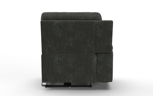 Dark gray fabric recliner chair shown from the side, featuring a textured upholstery and visible metal reclining mechanism at the base.