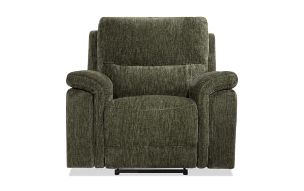 Renegade Green Power Recliner in green polyester fabric with padded pillow top arms, Bob-O-Pedic memory foam seat, USB port, transitional style.