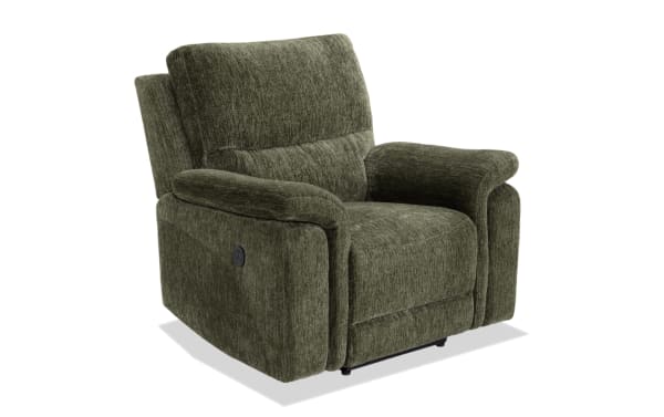 Renegade Green Power Recliner in polyester fabric with USB port, padded pillow top arms, and memory foam seat in transitional style.