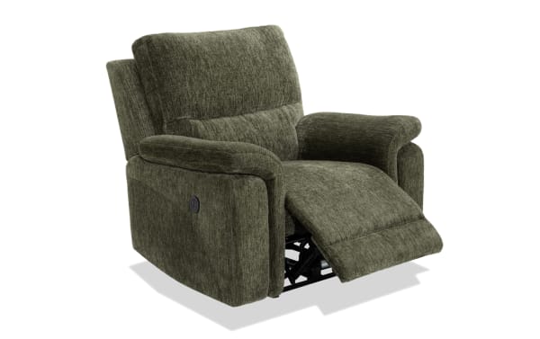 Renegade Green Power Recliner with USB port, transitional style in green polyester fabric, featuring memory foam seat and padded pillow top arms for comfort.
