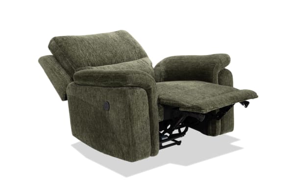 Renegade Green Power Recliner with USB port, green polyester fabric upholstery, transitional style, memory foam seat, padded pillow arms, adjustable footrest.