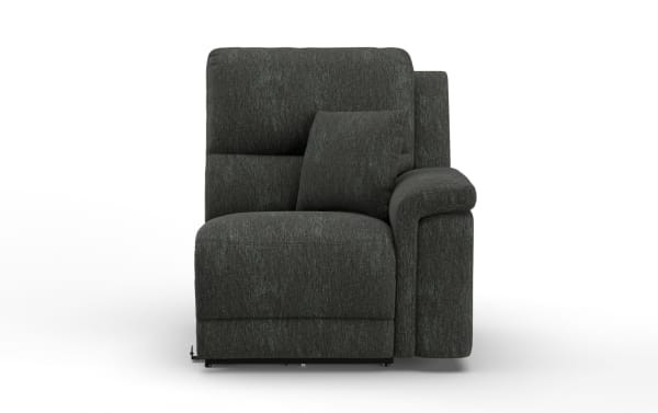Dark gray fabric sectional sofa corner piece with cushioned armrest and matching throw pillow, modern upholstered living room furniture.