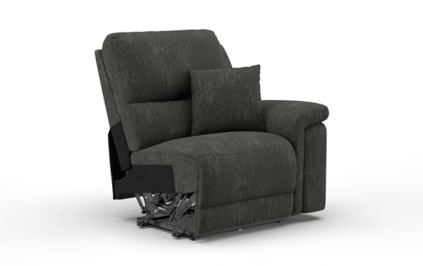 Dark gray fabric recliner chair with cushioned backrest, padded armrests, and a small matching throw pillow, shown partially extended.