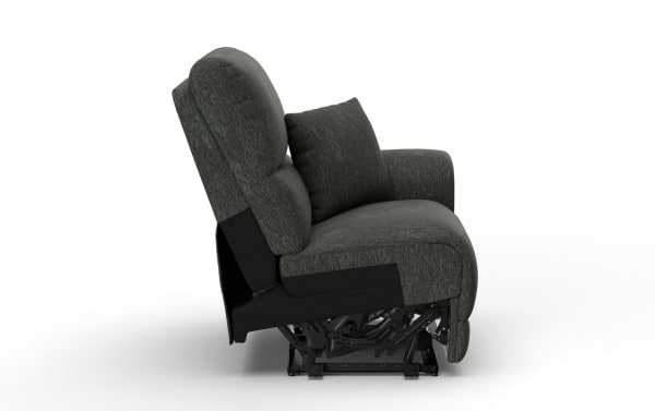 Dark gray fabric recliner chair with cushioned backrest, armrests, and a matching pillow, shown in a partially reclined position with visible metal reclining mechanism.