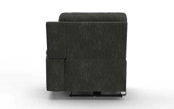 Dark gray fabric reclining chair shown from the back, featuring a textured upholstery and a visible reclining mechanism base.
