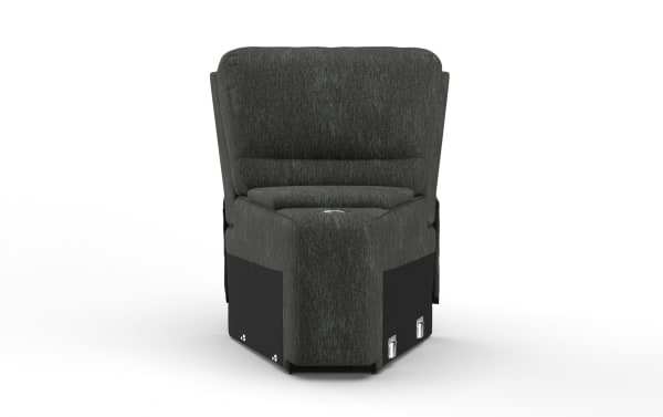Dark gray fabric corner recliner chair with plush cushioning and black base panels, designed for comfortable seating in living rooms.