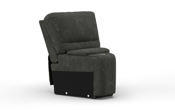 Dark gray fabric recliner chair with padded backrest and seat cushion, designed for comfort and relaxation in modern living spaces.