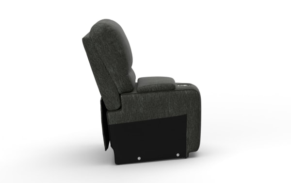 Dark gray fabric recliner chair with padded backrest, armrest with cup holder, and side panel, designed for home comfort seating.
