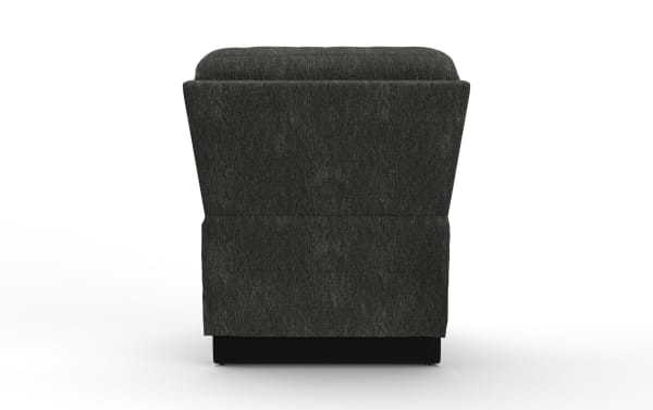 Dark gray fabric upholstered armchair shown from the back, featuring a cushioned top and tailored skirt design, suitable for living room seating.